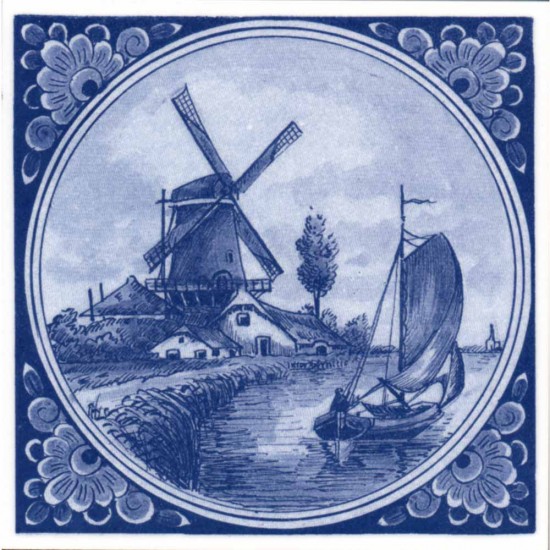 Delft blue tile with a farm with a mill and a sailing boat in a typical Dutch water landscape.