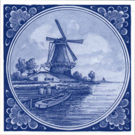 Delft blue tile with a farm with a mill and a sailing boat in a typical Dutch water landscape.