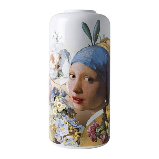 Moderne Vase in Delfter Blau, verziert mit dem Mädchen mit dem Perlenohrring von Johannes Vermeer in einem zeitgenössischen Dekor aus Blumen in Pastellfarben.