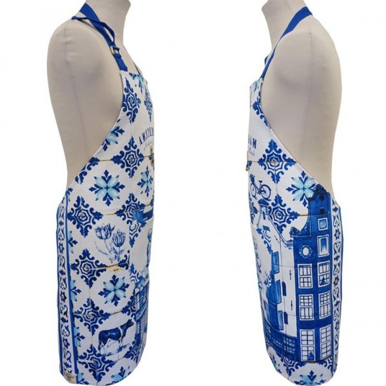 Robuste Küchenschürze mit typischen Delfter blauen Symbolen und dem Schriftzug Amsterdam