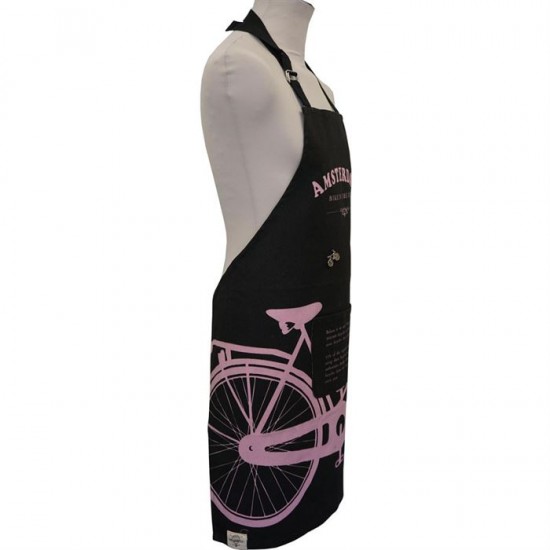 Sturdy black kitchen apron with a pink bicycle design and the text Amsterdam bike in the city