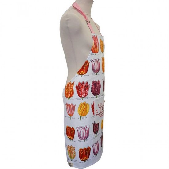 Sturdy kitchen apron with a design of different types of tulips.