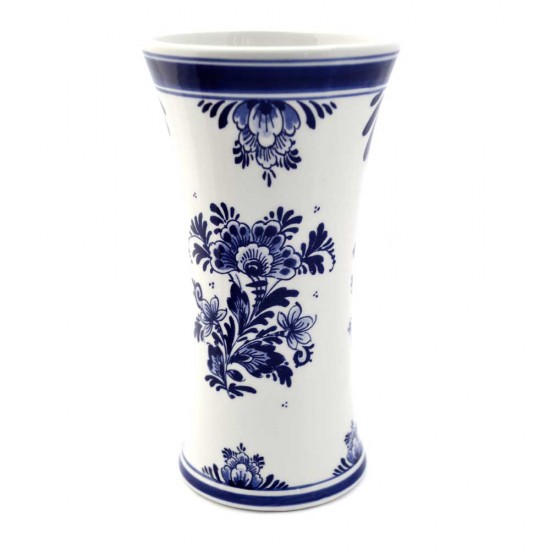 Schlanke Kelchvase in Delfter Blau mit der bekannten holländischen Landschaft mit Windmühle