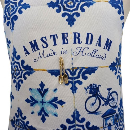 Robuste Küchenschürze mit typischen Delfter blauen Symbolen und dem Schriftzug Amsterdam
