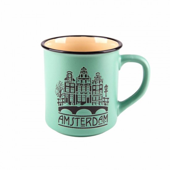 Retro Becher in Mintgrün mit Amsterdam und Grachtenhäusern. Die Tasse ist im Retro-Camp-Stil gestaltet und in einer originellen Geschenkbox verpackt.