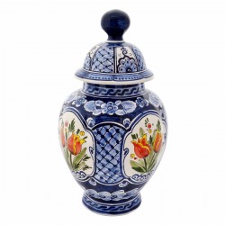 Deckelvase Delfter Blau polychrome orangefarbene Tulpen handbemalt Deckelvase Delfter Blau polychrome orangefarbene Tulpen handbemalt