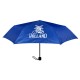 Faltbarer blauer Hollandschirm mit Windmühle und Fahrrad. Der Regenschirm ist mit Holland, Windmühle und Fahrrad verziert