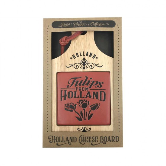 Käseplatte mit roten Keramikfliesen mit Tulpen aus Holland. Das Käsebrett ist im Retro-Camp-Stil gestaltet und in einer originellen Geschenkbox verpackt.