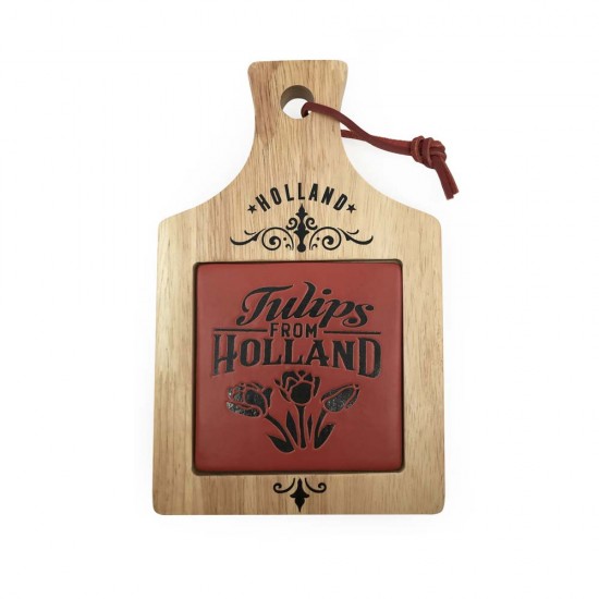 Käseplatte mit roten Keramikfliesen mit Tulpen aus Holland. Das Käsebrett ist im Retro-Camp-Stil gestaltet und in einer originellen Geschenkbox verpackt.