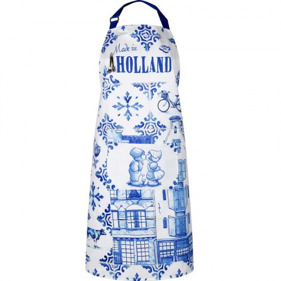 Sturdy kitchen apron with a design of typical delft blue symbols and the text Holland