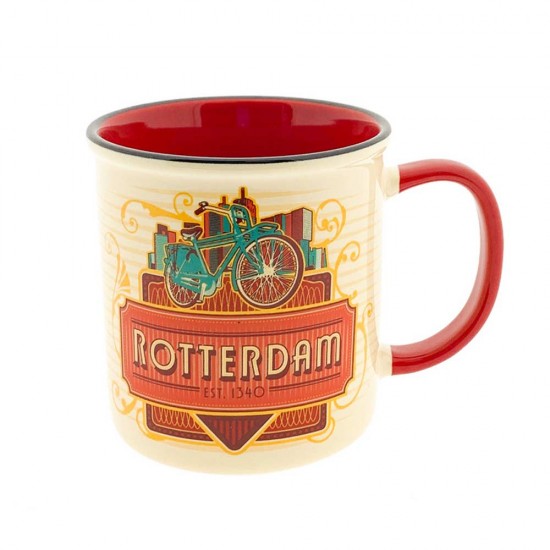 Rode mok met een bijzondere opdruk van de skyline van Rotterdam en een fiets. Deze beker zit verpakt in een fraai bedrukt geschenkdoosje