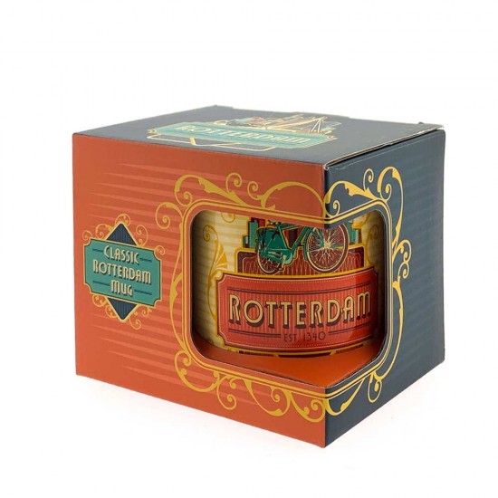 Rode mok met een bijzondere opdruk van de skyline van Rotterdam en een fiets. Deze beker zit verpakt in een fraai bedrukt geschenkdoosje