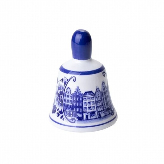 Small classic Delft blue table bell decorated with canal houses and classic Delft flower decoration
