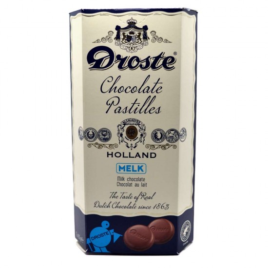 Duo-pack Droste melkchocolade pastilles. Dubbel genieten met met twee rollen overheerlijke chocolade