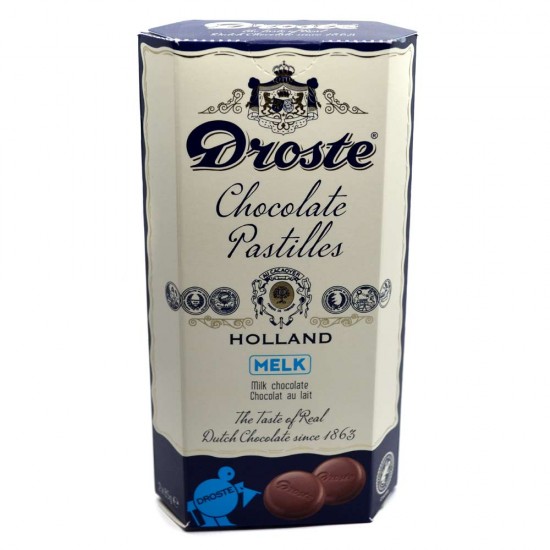 Duo-pack Droste melkchocolade pastilles. Dubbel genieten met met twee rollen overheerlijke chocolade