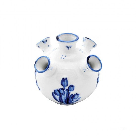 Small 5-armed Delft blue tulip vase decorated with a floral motif and blue embossed tulips. Very nice mini tulip vase that comes into its own in, for example, the bathroom or hallway of the house. Fill the spouts with flowers or flower buds for a beautifu Small 5-armed Delft blue tulip vase decorated with a floral motif and blue embossed tulips