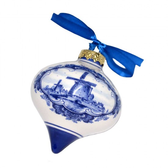 Delft blue Christmas bauble in the shape of an onion with windmills in a landscape as a traditional Delft decoration, and tulips and a butterfly on the back as a modern design. Beautiful ceramic Christmas ornament for the Christmas tree or in an original  Delft blue Christmas bauble in the shape of an onion with windmills in a landscape as a traditional Delft decoration