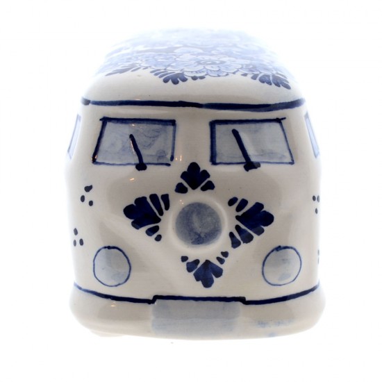 A hand-painted Delft blue, nostalgic Volkswagen camper van from the 1960s. This ceramic camper van is hand-decorated with a traditional Delft blue floral motif.