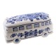 A hand-painted Delft blue, nostalgic Volkswagen camper van from the 1960s. This ceramic camper van is hand-decorated with a traditional Delft blue floral motif.