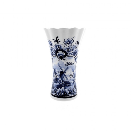 Elegant ceramic vase with a graceful scalloped rim, beautifully decorated with classic Delft blue patterns of flowers and a windmill in a typical Dutch landscape.