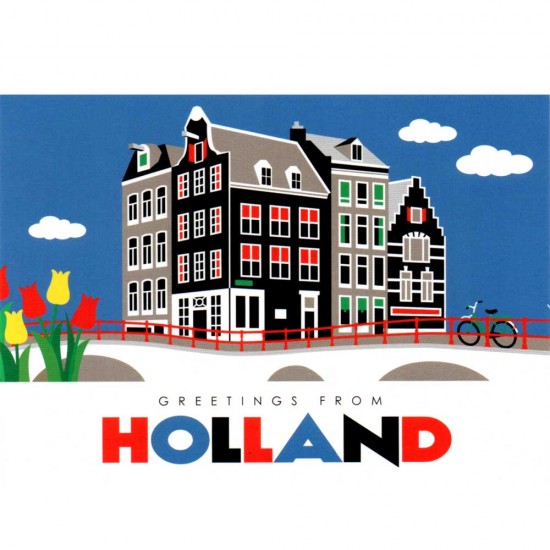 Postkarte Holland mit Postkarte Holland mit Grachtenhäusern und Brücke und dem Text: Grüße aus Holland. Überraschen Sie Ihre Freunde und Familie mit dieser fröhlichen, farbenfrohen und modernen Holland-Postkarte.