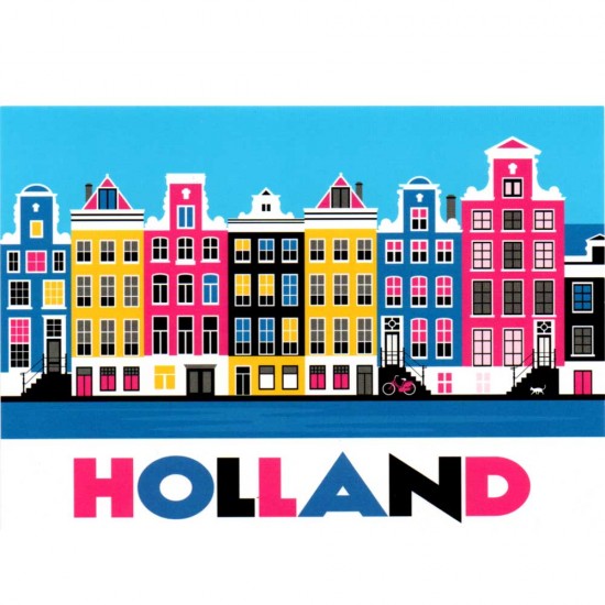 Postkarte Holland mit Grachtenhäusern in leuchtenden Farben und dem Text: Holland. Überraschen Sie Ihre Freunde und Familie mit dieser fröhlichen, farbenfrohen und modernen Holland-Postkarte.