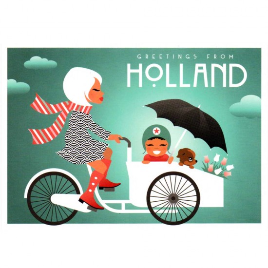 Postkarte Holland mit einem Lastenfahrrad und dem Text: Grüße aus Holland. Überraschen Sie Ihre Freunde und Familie mit dieser fröhlichen, farbenfrohen und modernen Holland-Postkarte.