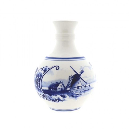 Kleine Delfter blaue Kugelvase, verziert mit klassischer Mühle im Landschafts und Blumendekor.. Elegante Delft -blaue Vase