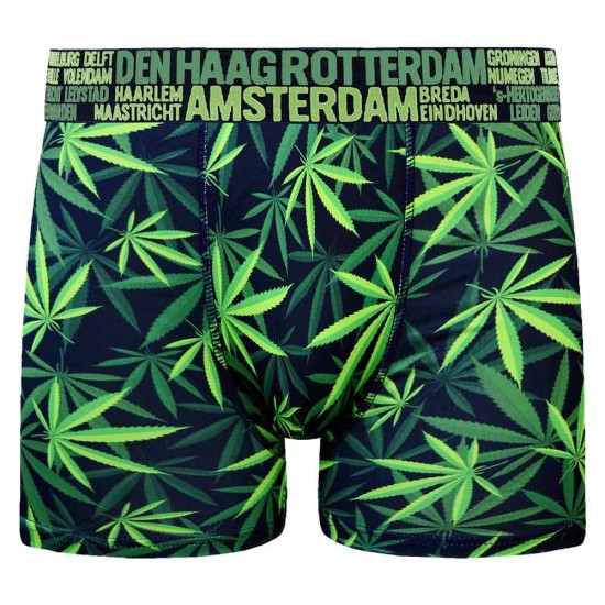 Men's boxer shorts with a print of cannabis leaves and the names of several major Dutch cities on the waistband