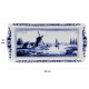 Delft blue cake dish with a classic image of a windmill in a typical Dutch landscape, bordered with traditional Delft flower decoration.