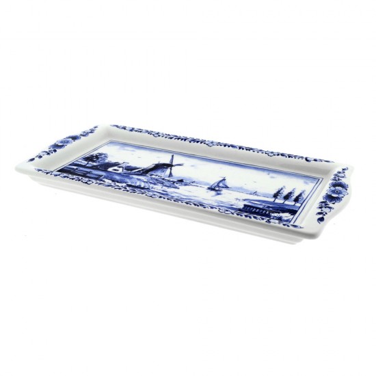 Delft blue cake dish with a classic image of a windmill in a typical Dutch landscape, bordered with traditional Delft flower decoration.