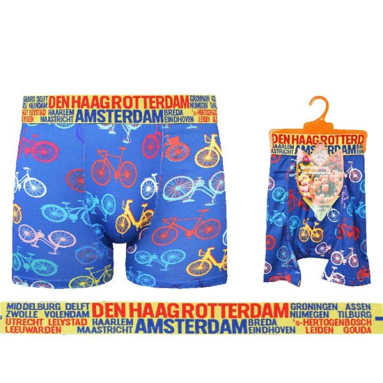 Heren boxershorts met een print van fietsen en de namen van verschillende grote Nederlandse steden op de tailleband