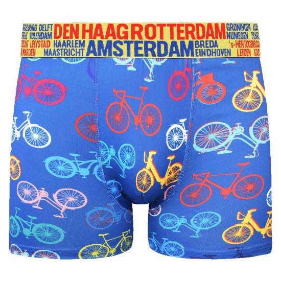 Heren boxershorts met een print van fietsen en de namen van verschillende grote Nederlandse steden op de tailleband