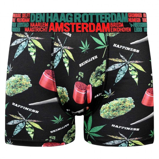 Men's boxer shorts with a print of cannabis-related images and the names of several major Dutch cities on the waistband