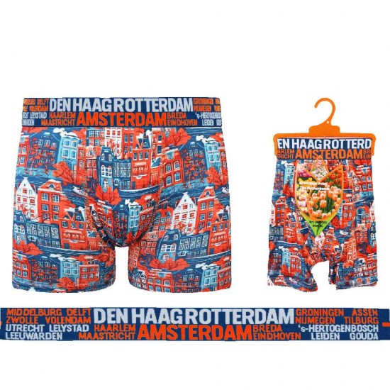 Men's boxer shorts with a print of cannabis-related images and the names of several major Dutch cities on the waistband