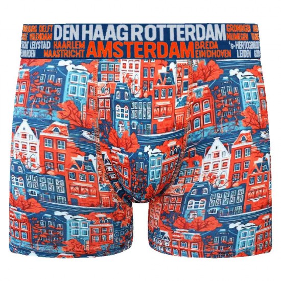 Men's boxer shorts with a print of cannabis-related images and the names of several major Dutch cities on the waistband