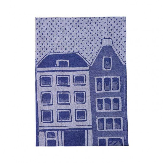 Verschönern Sie Ihre Küche mit diesem stilvollen Delfter Blau Geschirrtuch, verziert mit charmanten Amsterdamer Grachtenhäusern. Das Handtuch ist aus 100% Baumwolle im Jacquard-Verfahren gewebt und daher weich, robust und langlebig