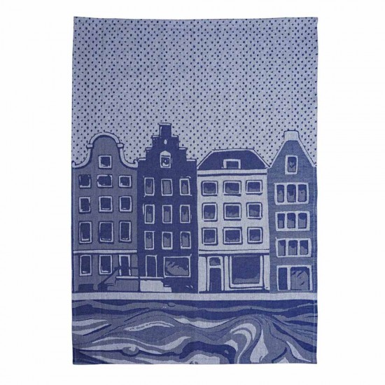 Verschönern Sie Ihre Küche mit diesem stilvollen Delfter Blau Geschirrtuch, verziert mit charmanten Amsterdamer Grachtenhäusern. Das Handtuch ist aus 100% Baumwolle im Jacquard-Verfahren gewebt und daher weich, robust und langlebig