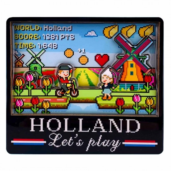 Relive the iconic 80s with this cheerful Holland retro computer game magnet. This unique refrigerator magnet is designed to resemble a classic computer game display, complete with typical Dutch symbols in a nostalgic pixel art style