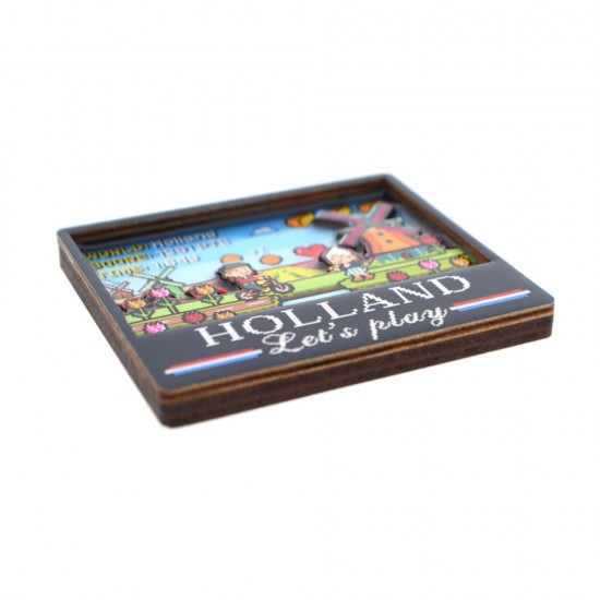 Relive the iconic 80s with this cheerful Holland retro computer game magnet. This unique refrigerator magnet is designed to resemble a classic computer game display, complete with typical Dutch symbols in a nostalgic pixel art style