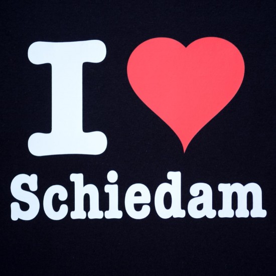 Black t-shirt with print I Love Schiedam. A fair and sustainably produced shirt with a special print with the text I Love Schiedam. The shirt is of top quality and is for both women and men.