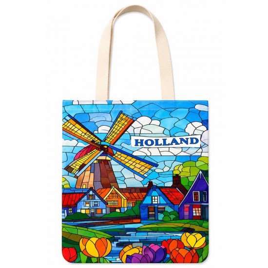 Holland canvas tote bag stained glass windmill tulips cotton