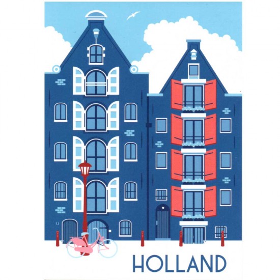 Postkarte "Holland Grachtenhäuser blau". Überraschen Sie Ihre Freunde und Familie mit dieser fröhlichen, farbenfrohen und modernen Holland-Postkarte.