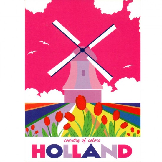 Postkarte "Holland Windmühle Tulpenfeld" country ofcolors. Überraschen Sie Ihre Freunde und Familie mit dieser fröhlichen, farbenfrohen und modernen Holland-Postkarte.