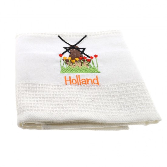 Set aus zwei verschiedenen Geschirrtüchern mit einer gestickten Windmühle mit Tulpen und dem Text Holland in Orange.