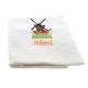 Set aus zwei verschiedenen Geschirrtüchern mit einer gestickten Windmühle mit Tulpen und dem Text Holland in Orange.
