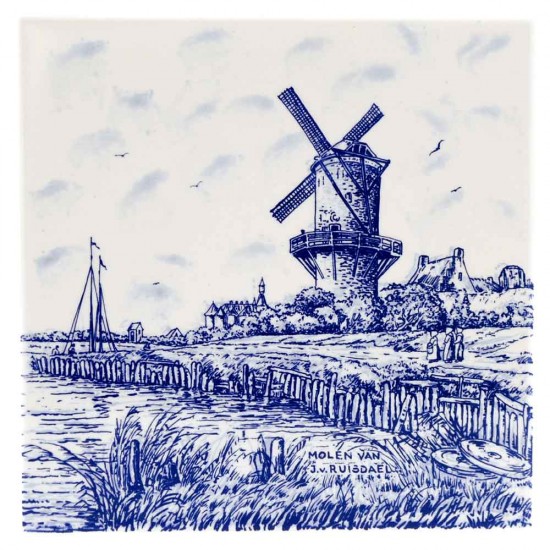 Delfter blaue Fliese mit einem Dekor des Gemäldes „Die Mühle bei Wijk bij Duurstede“ des niederländischen Malers Jacob van Ruisdael. Wunderschön dekorierte originale Delfter Blau-Dekorfliese. 