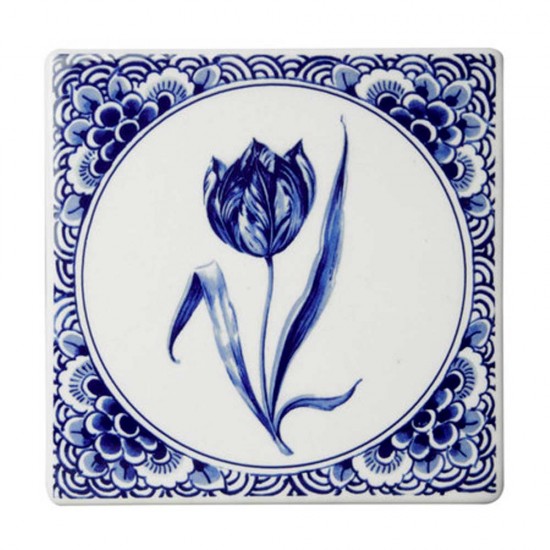 Fliese mit Delfter Blaudekor eine Tulpe, eingefasst mit Delfter Blumendekor. Eine schöne, robuste Fliese aus Delfter Blau-Steingut.
