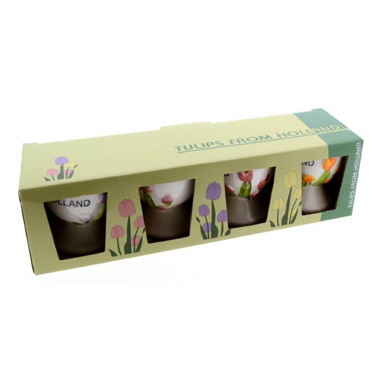 Gift set of 4 egg cups decorated with embossed coloured tulips and the text Holland.