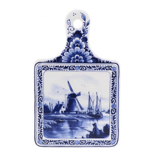 Ceramic Delft blue cheese board decorated with windmills in a typical Dutch landscape, rimmed with traditional Delft blue floral decoration.